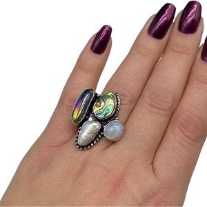 Multi Stone Ring Size 9.5 Abalone Shell Pearl Rainbow Moonstone Titanium Quartz